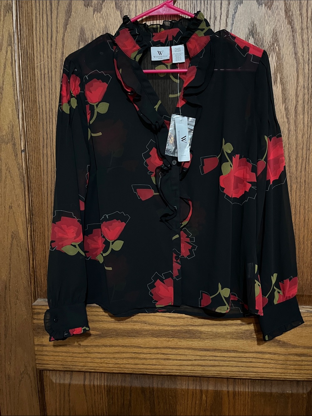 Worthington Black Blouse with Red Rose Print